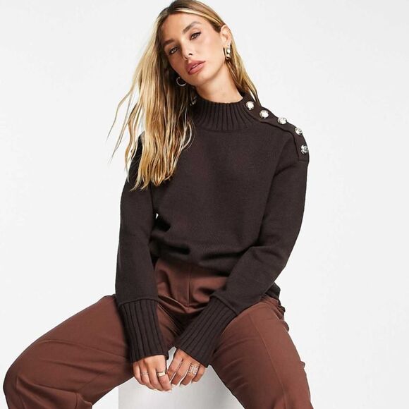 NWT ASOS River Island button neck longline sweater in brown. - Picture 1 of 8